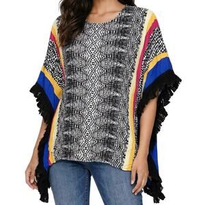 Westbound Abstract Animal Print Kimono Poncho Fringe Sleeve Large